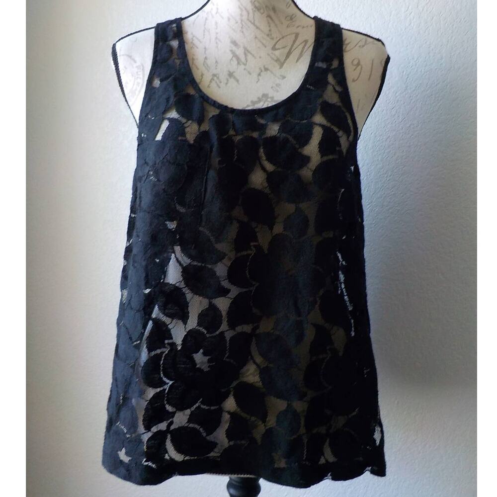 Leyendecker Black Sheer Lace Tank Top Women 4 Front Pocket Floral Goth Vampire